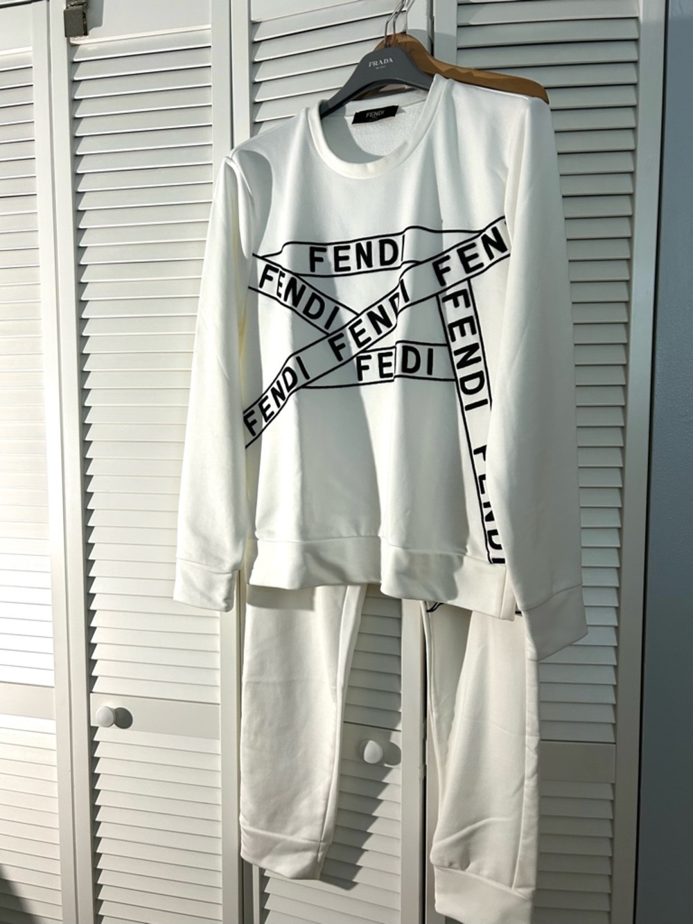 Fendi White Sweatshirt and Joggers with Black Logo Tape. Unisex